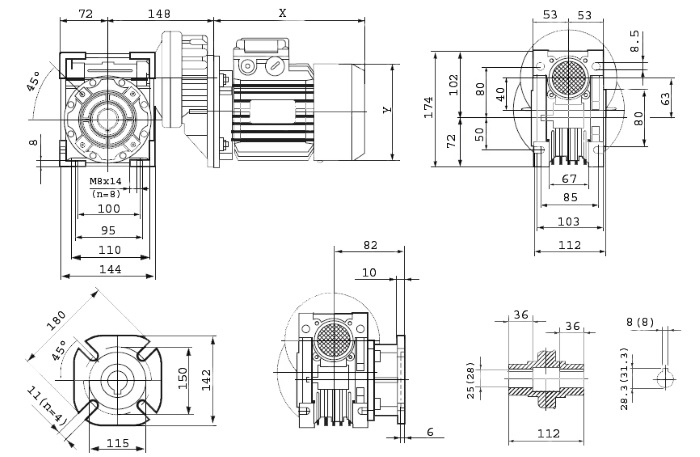 Мотор-редуктор PCRV 063/063 - габаритные и присоединительные размеры