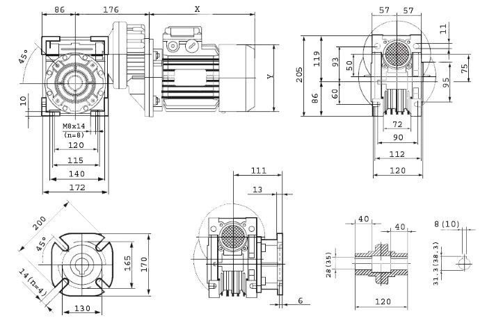 Мотор-редуктор PCRV 071/075 - габаритные и присоединительные размеры