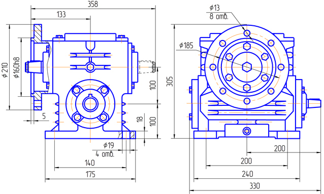 Редуктор 5Ч-100 сборка 52 крепление 3Ф - чертеж