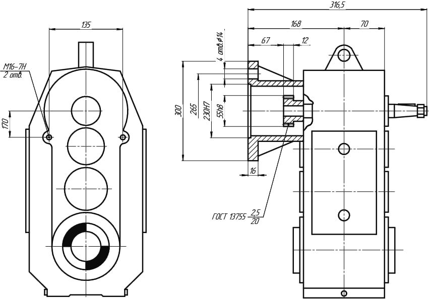 Редуктор Ц3ВК-100 с фланцем- чертеж